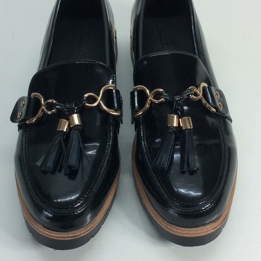 Black Tassel Loafers with Gold Accents Size 5
